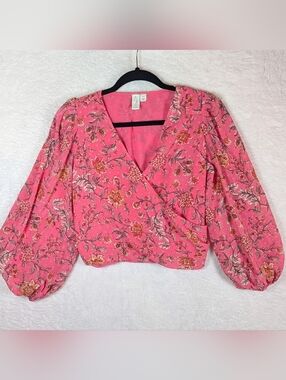 Joie Pink Floral Wrap Top with Balloon Sleeves